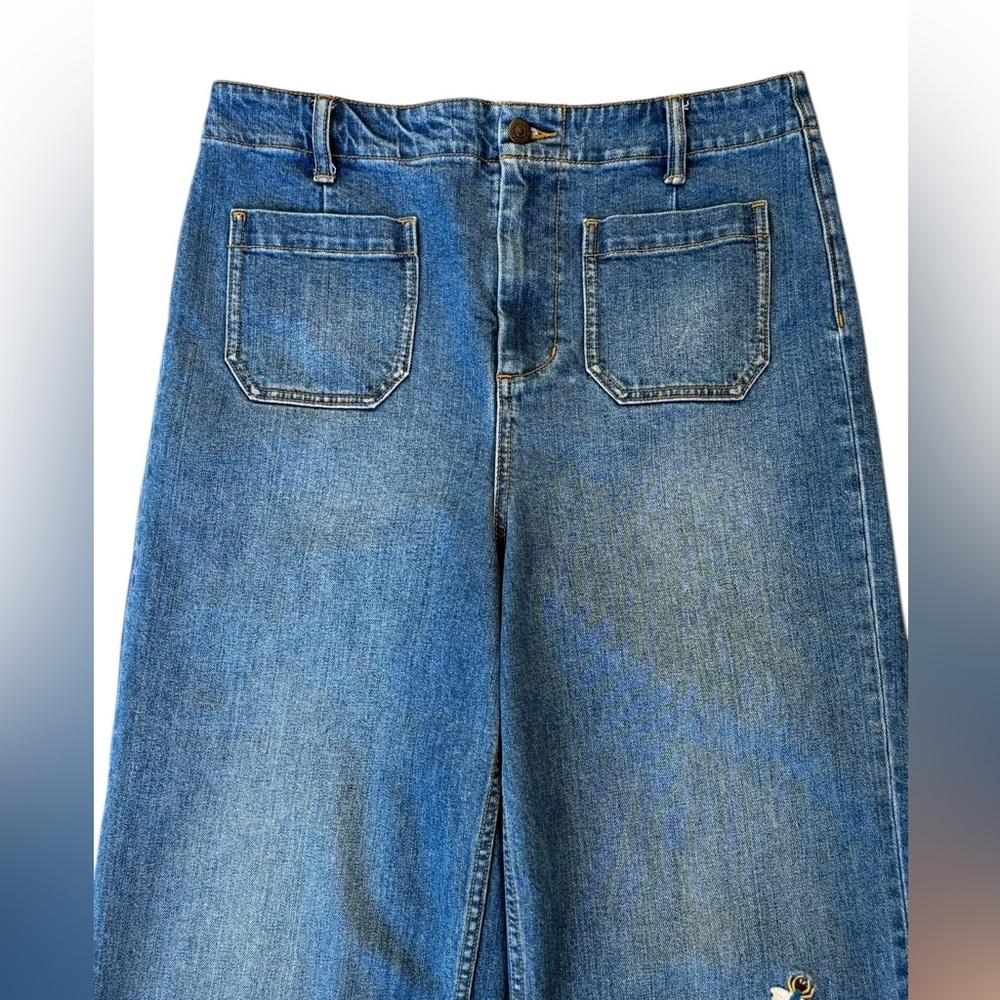 Johnny Was Shuri Cropped Wide Leg Jeans Floral Embroidered Patch Pocket Size 29 - Picture 4 of 16